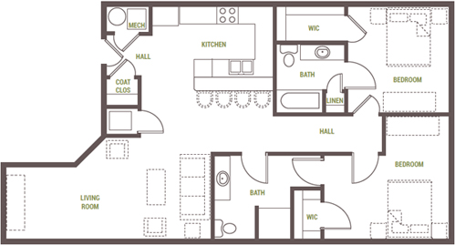 2 bedroom, 2 baths floorplan, 1,086 sq.ft.