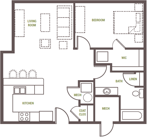 1 bedroom, 1 baths floorplan, 755 sq.ft.